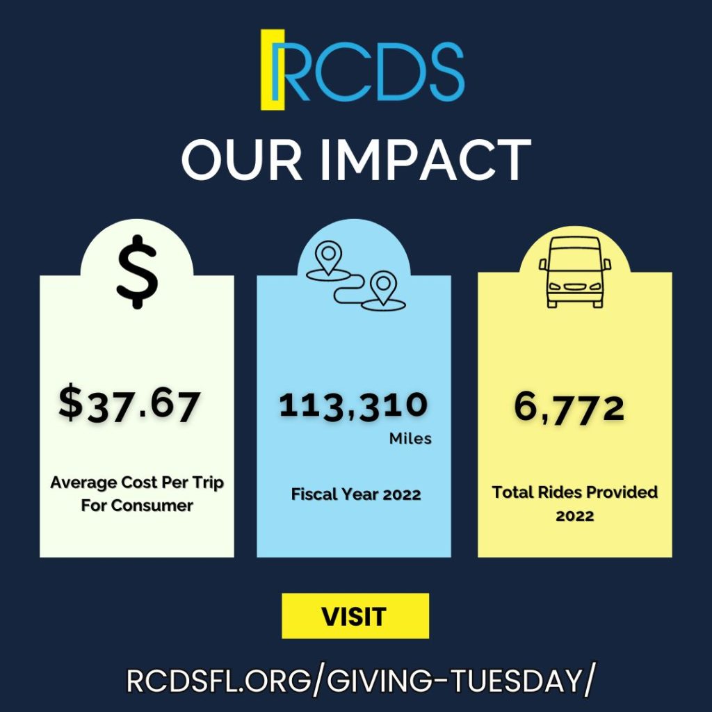 RCDS OUR IMPACT: $ $37.67 average cost per trip, 113,310 Miles last fiscal year 2022.  6,772 total rides provided 2022. VISIT: RCDSFL.ORG/GIVING-TUESDAY/ .