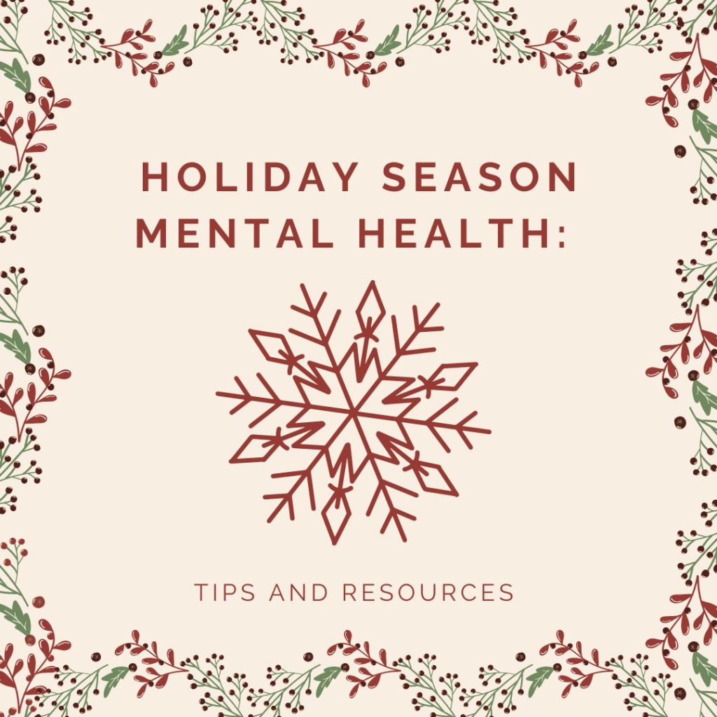 A photo with the title "Holiday Season Mental Health:" with a snowflake in red underneath with words that say, "Tips and Resources." Border is holiday themed.